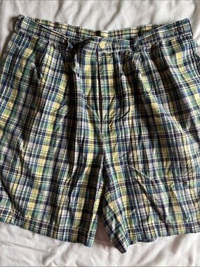 Izod Men's Plaid Flat Front Shorts in Blue, Green and Yellow